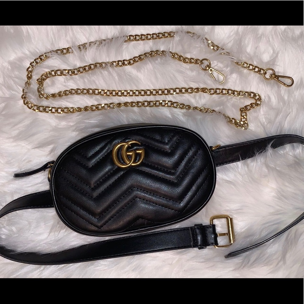 Gucci Black GG Marmont Chevron Leather Crossbody Belt Bag with Gold Hardware